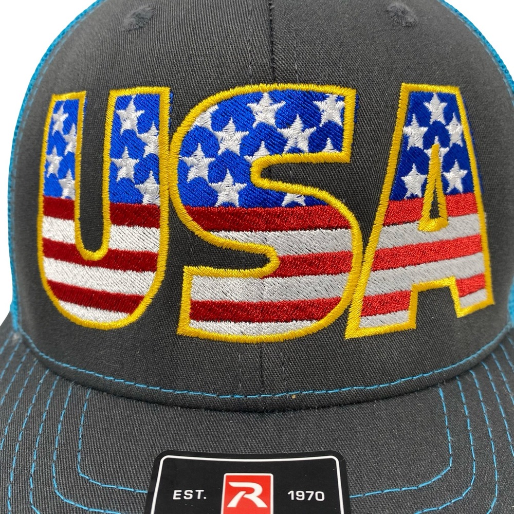 Richardson 112 Trucker Hat USA Flag Gray Blue Patriotic Snapback Mesh Cap New - Picture 8 of 12